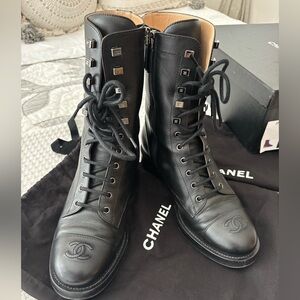CHANEL Black Leather Lace-Up Combat Boots